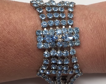 Vintage Art Deco Large Bracelet Blue Rhinestones