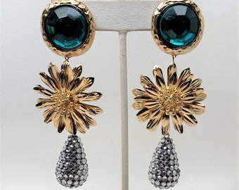 Beautiful Gold Tone Green & Clear Rhinestone Pierced Earrings