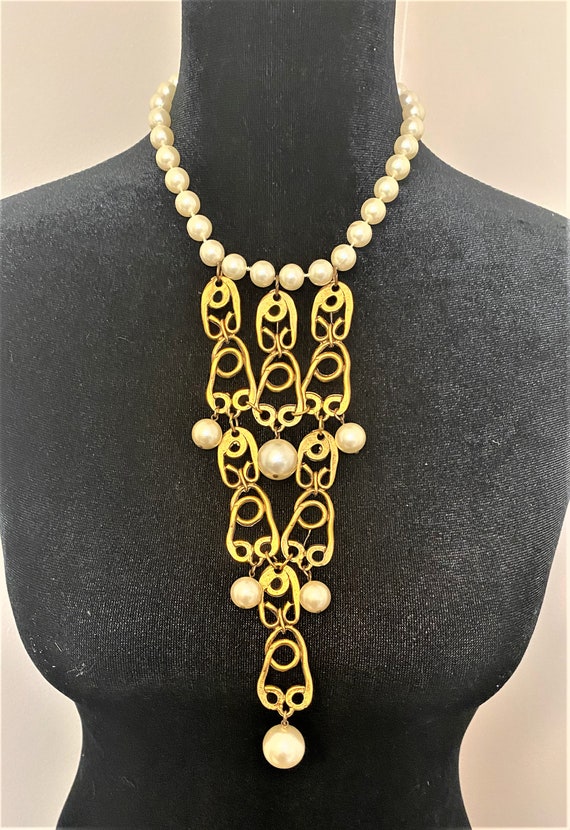 Vintage Faux Pearl, Gold Tone Choker Bib Necklace