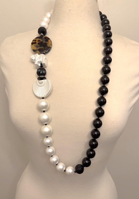 ANGELA CAPUTI Black Resin, Faux Pearl Elephant W Rhinestones Long Necklace