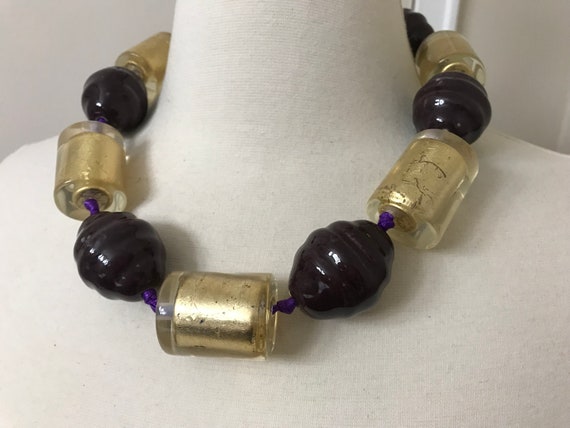 Stunning Couture Lucite Gold Leaf & Purple Beads … - image 4
