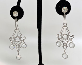 Vintage Filigree Silver Tone & Crystal Bezel Dangle Clip On Earrings