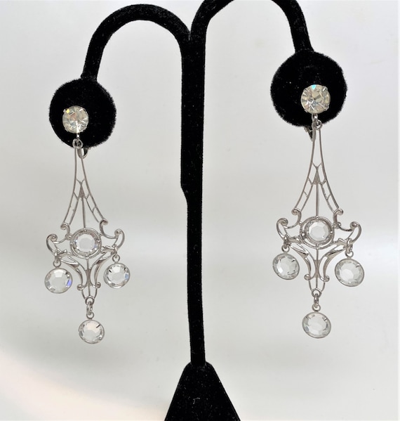 Vintage Filigree Silver Tone & Crystal Bezel Dangle Clip On Earrings