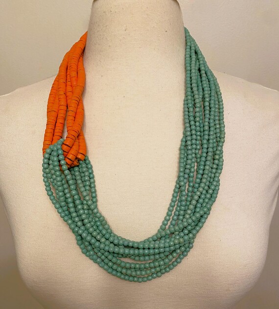 Coral & Pale Turquoise Color Coco Beads Multi Strand Necklace