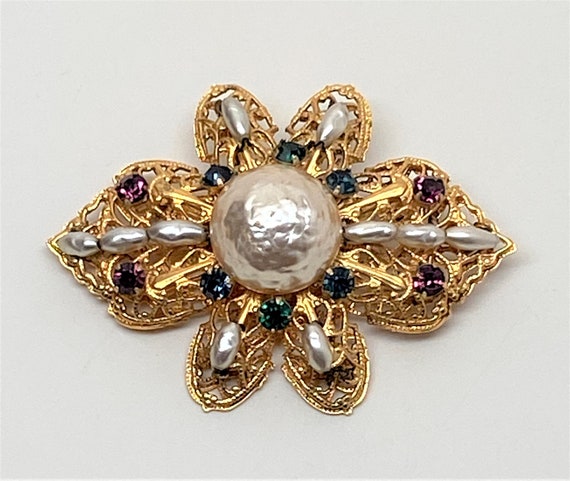 Vintage Unsigned Miriam Haskell Filigree Faux Pearl & Rhinestone Pin Brooch