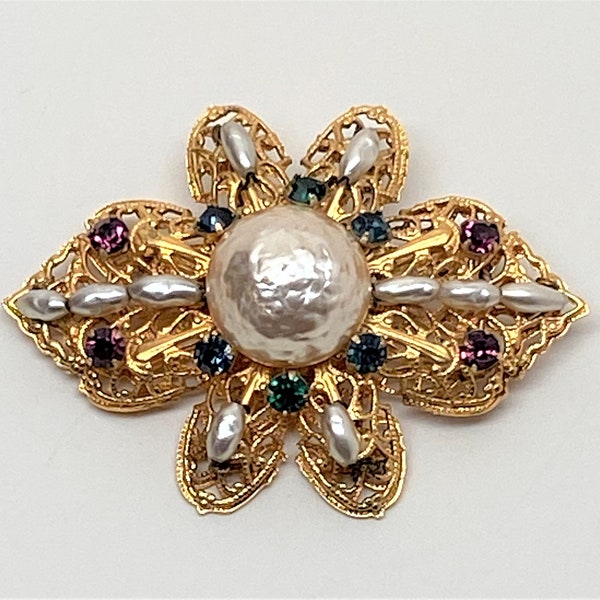 Vintage Unsigned Miriam Haskell Filigree Faux Pearl & Rhinestone Pin Brooch