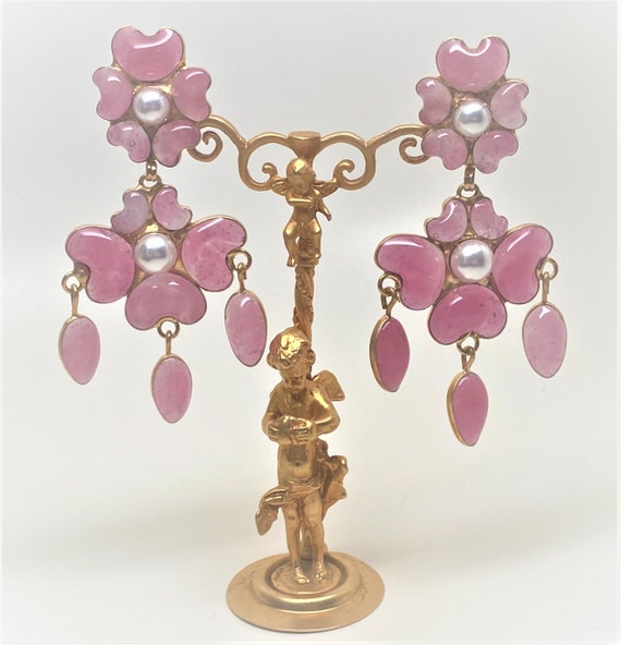 Stunning Chris Crouch's Moans Couture Pink Poured Glass & Faux Pearl Earrings