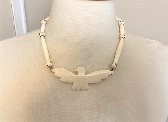 Vintage Hand Carved Buffalo Horn Bird Necklace - image 1