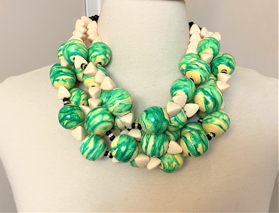 Chunky Green & Cream Color Resin W Rhinestone Necklace Angela Caputi Style