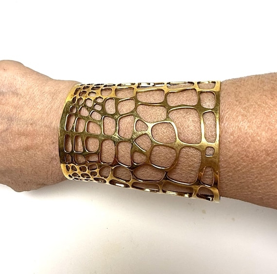 Yves Saint Laurent Gold Plated Intricate Irregular Cut-out Wide Cuff Bracelet