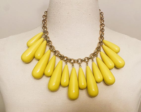 Yellow Color Resin & Gold Tone Fringe Necklace