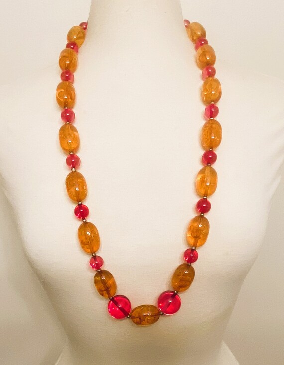Vintage Yellow & Fuschia Acrylic Beads Long Necklace