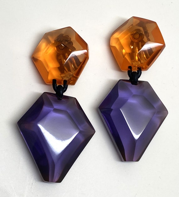 Designer Gerda Lynggaard-Monies Orange & Purple Lucite Large Earrings