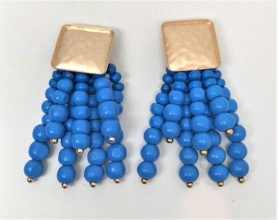 Stunning Satin Gold Tone, Blue Dangle Pierced Earrings
