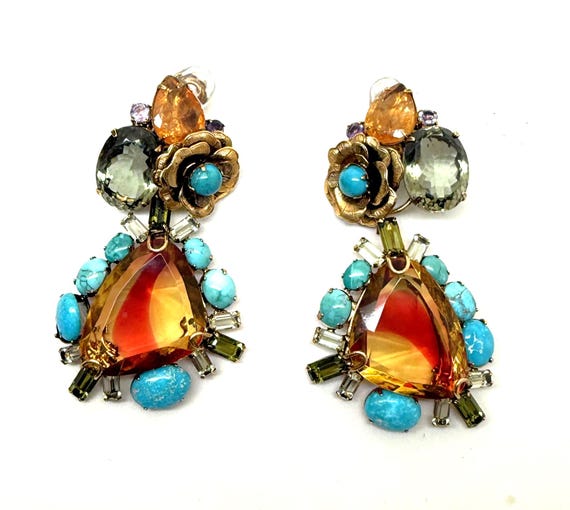 Iradj Moini Citrine, Turquoise & Art Czech Glass Pendant / Drop Earrings