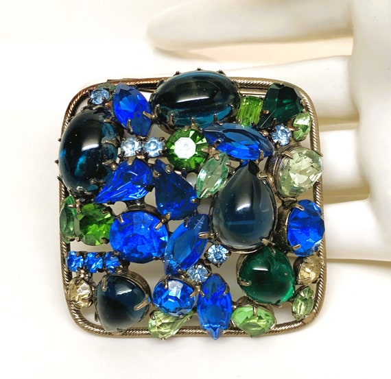 Vintage Silver Tone Blue & Green Cabochons With Rhinestones Pin Brooch