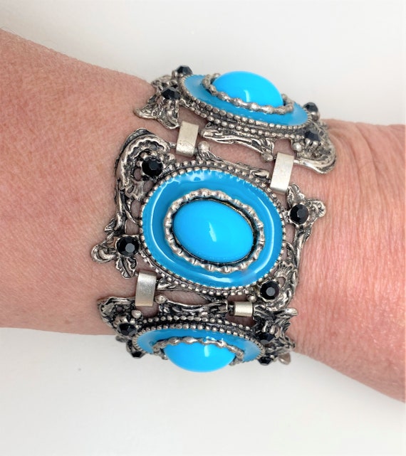 Vintage Rare Turquoise Enamel & Faux Turquoise Cabochons Bracelet Selro Sellini