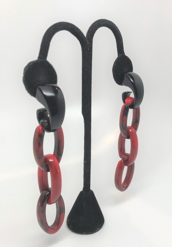 Gorgeous Red & Black Chain Dangle Pierced Earrings - image 3