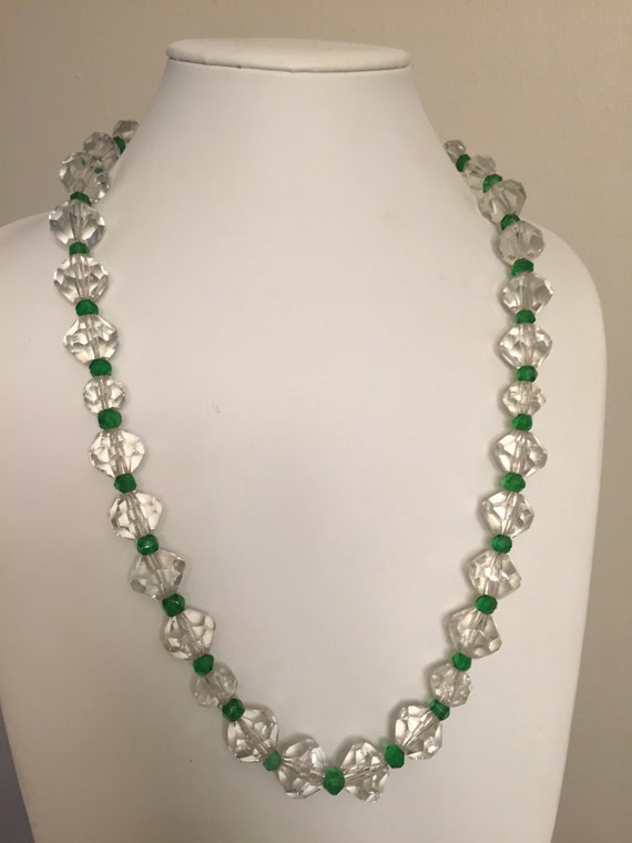 Vintage Art Deco Clear Faceted & Emerald Crystal Glass Beads Necklace