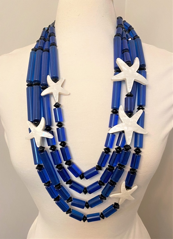 Gorgeous Blue Acrylic With Resin Starfish Multi Strands Long Necklace
