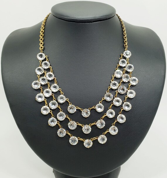 Vintage Three Strand Crystal Bezels Brass Necklace