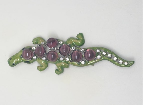 Vintage Green Enamel, Purple Lucite Cabochons & Rhinestone Alligator Brooch Pin