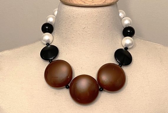 ANGELA CAPUTI Black, Faux Pearl & Brown Resin Choker Necklace