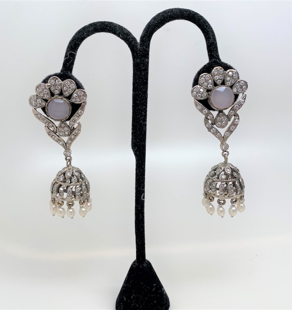 Vintage Silver Rhinestone, Pearl & Chalcedony Dangle Pierced Earrings