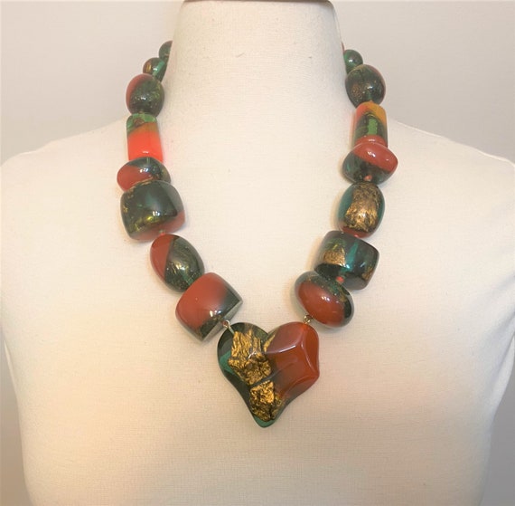 Exquisite Christian Lacroix Gold, Green & Brown Resin Beads Heart Necklace