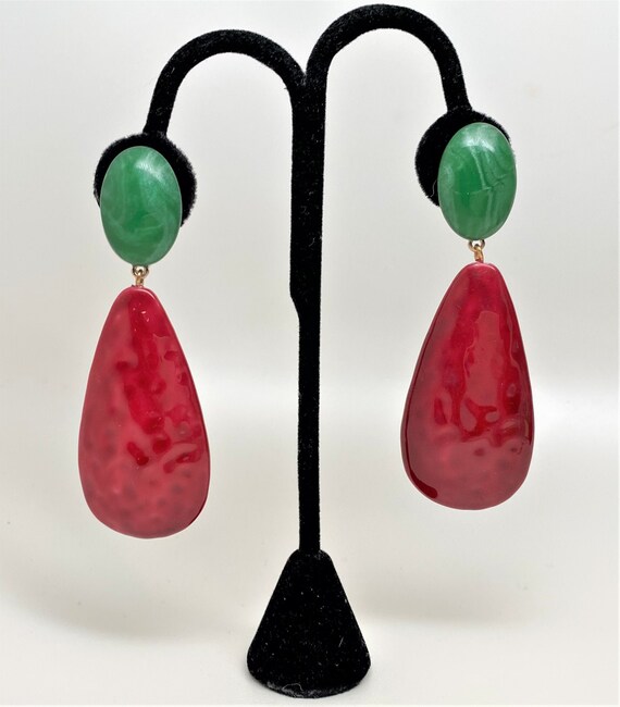 Stunning Large Green & Dark Red Resin Dangle Clip On Earrings