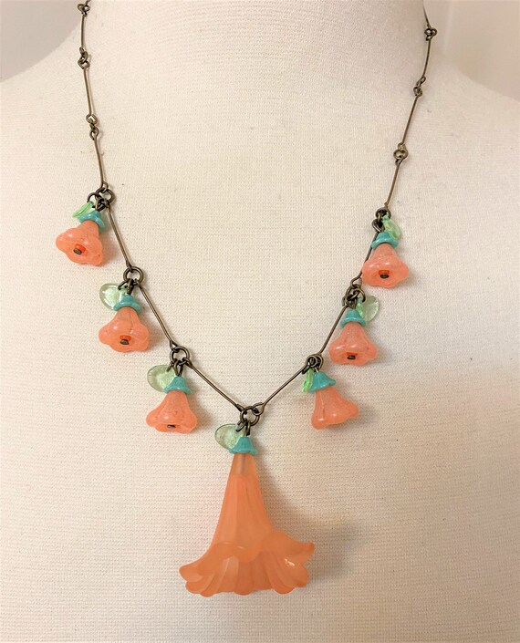 Delicate Antique Celluloid!!! & Green Glass Color Flower Necklace