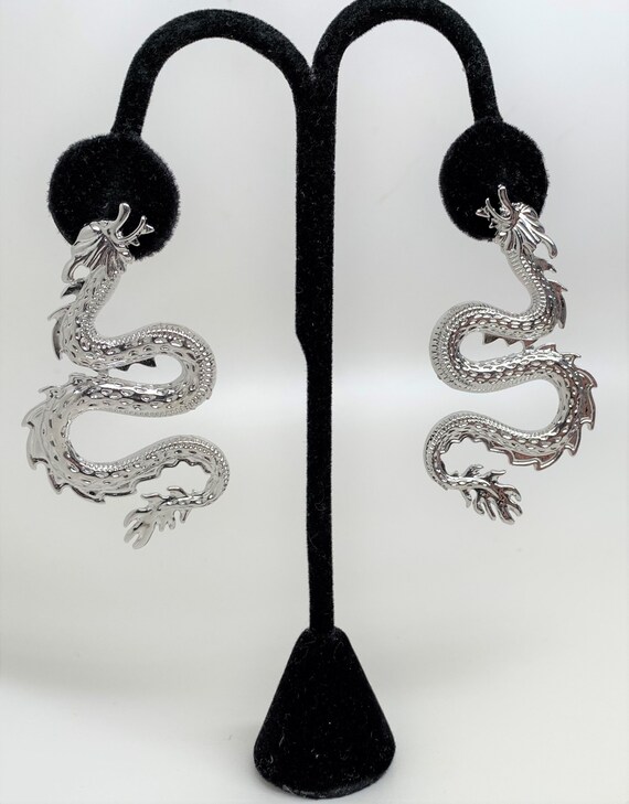 Stunning Silver Tone Dragon Pierced Large Earrings