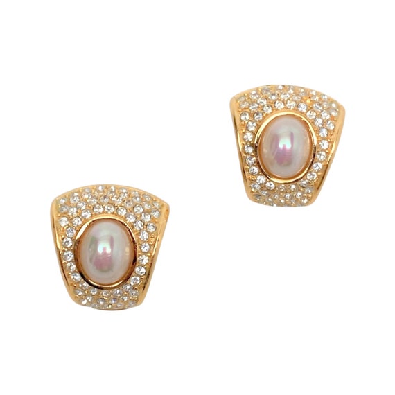 Vintage Rhinestones, Faux Pearl Cabochon Christian Dior Clip on Earrings