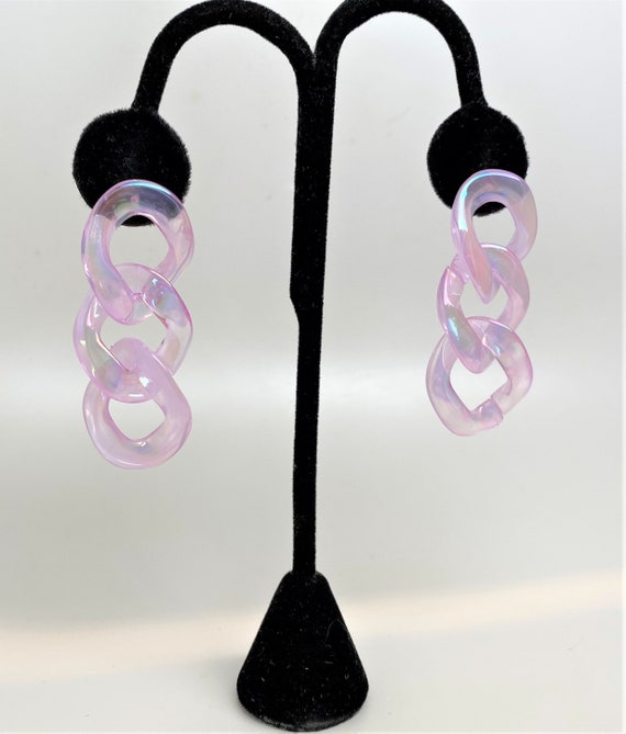 Gorgeous Opalescent Pink Color Lucite Chain Dangle Pierced Earrings