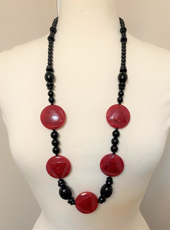 ANGELA CAPUTI Black Beads & Red Resin Disks Long Necklace
