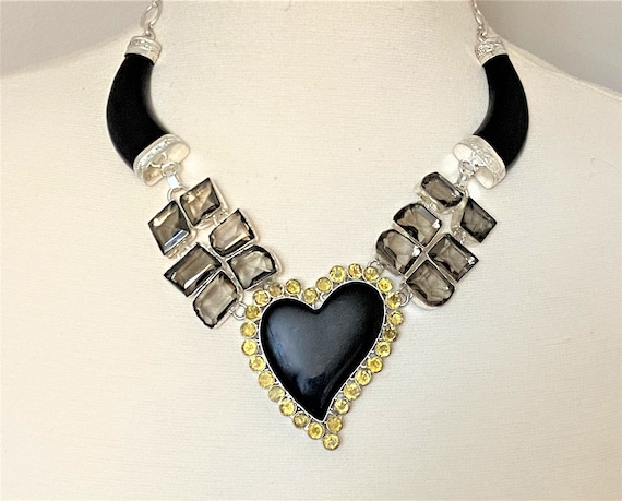 Stunning Sterling Silver Black Onyx, Smokey Topaz & Crystal Heart Necklace