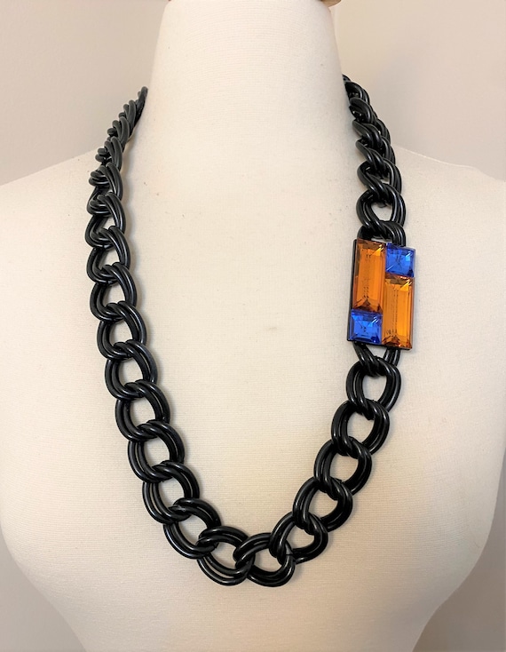 Vintage Anne Klein Black Chain & Lucite Modernist Necklace