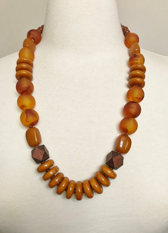 Gorgeous Amber Color Lucite & Wood Long Necklace