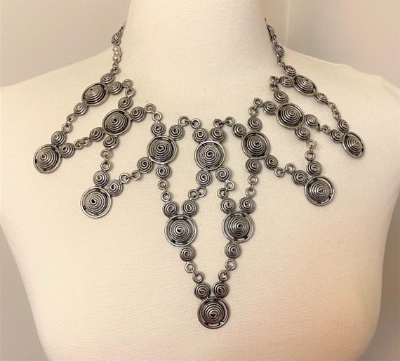 Vintage Silver Tone Modernistic Bib Statement Necklace