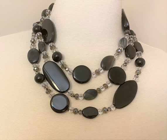 Vintage Art Deco Flapper Black & Gray Glass Necklace 60"