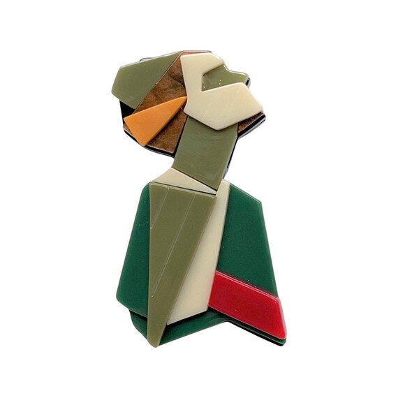 Art Deco Design Geometric Women Figure Green, Red & Brown Acrylic Pin Brooch