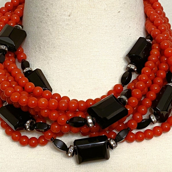 ANGELA CAPUTI Red & Black Resin Beads Multi Strand Necklace