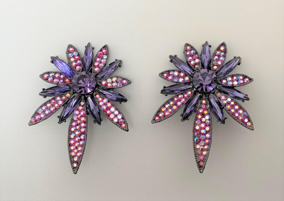 Thelma Deutsch Purple AB Rhinestone Clip Earrings