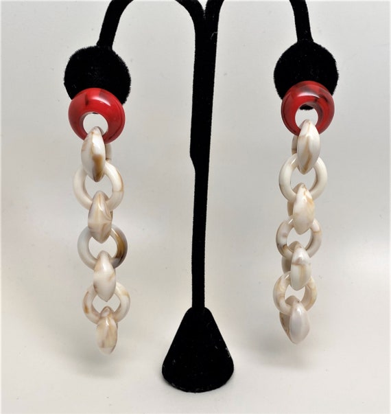 Gorgeous Red & Cream Color Acrylic Chain Long Pierced Earrings