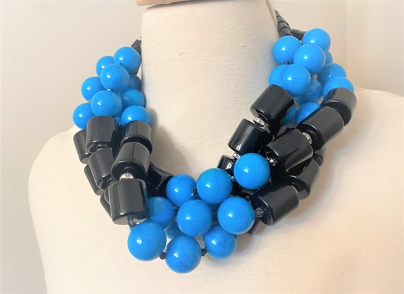 Fabulous Couture Black Tubular Acrylic Beads & Blue Resin Multi Strand Necklace