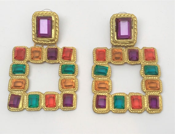 Stunning Modernistic Gold Tone, Rhinestone Large Pierced Earrings