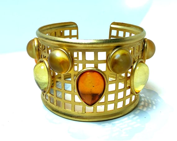 Satin Gold Tone, Acrylic Cabochon Cuff Bracelet