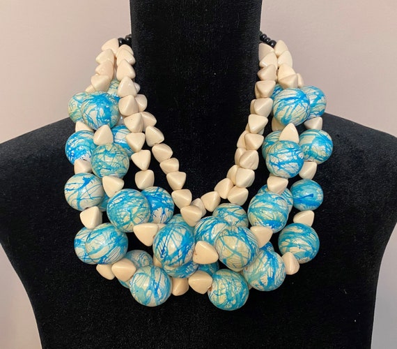 Fabulous Cream Color Resin & Blue painted Beads Multi Strand Necklace