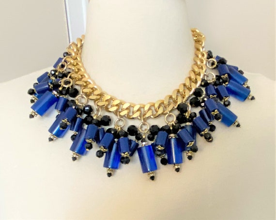 Vintage Gold Tone Chain, Blue Lucite Egyptian Revival Necklace