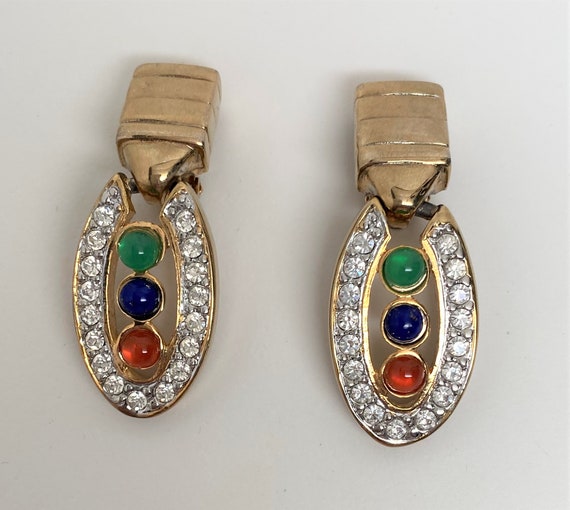 Gold Tone Clear, Green, Blue & Red Cabochon Rhinestones Clip On Dangle Earrings